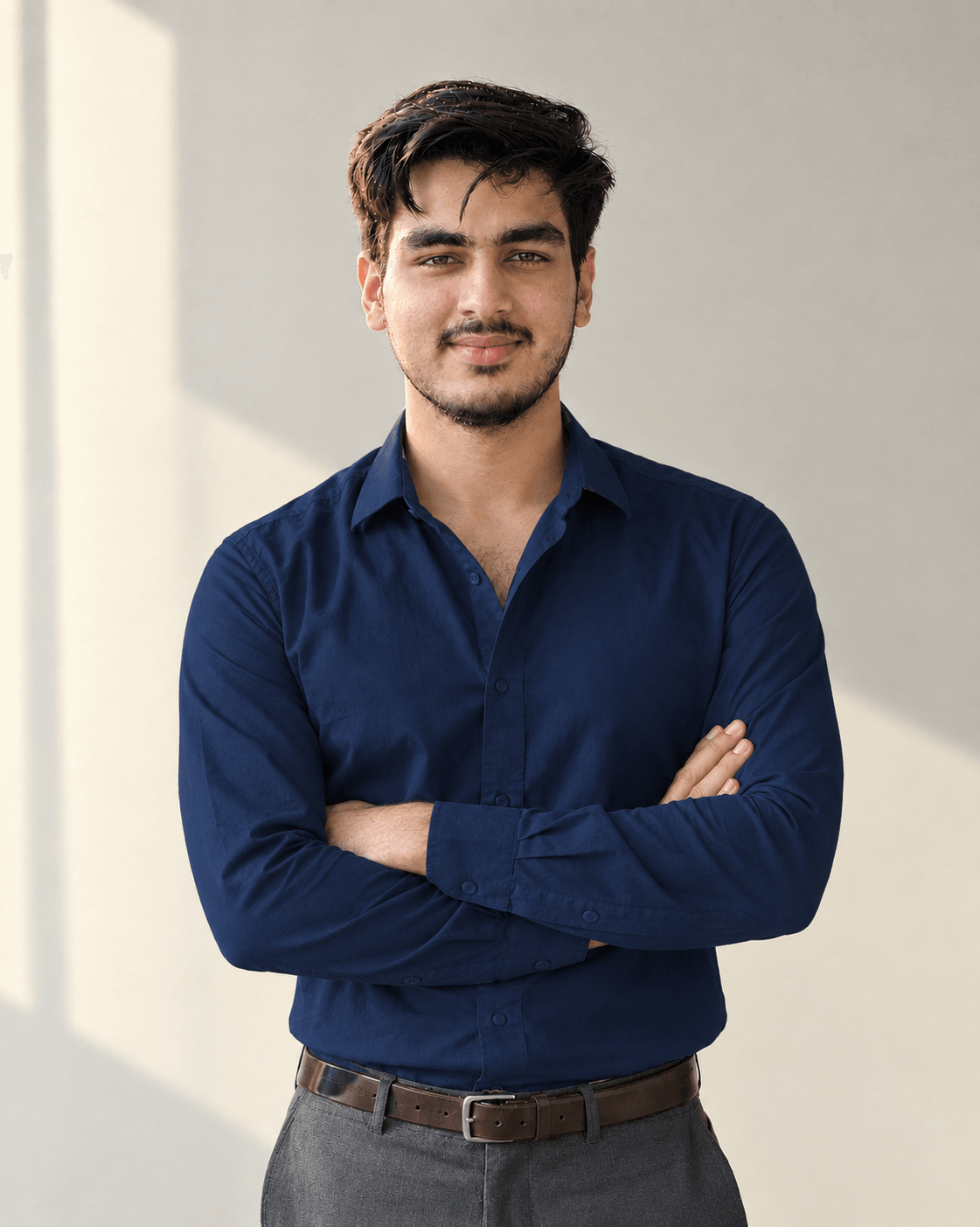 Abdul Rehman in a blue shirt, standing by a sunlit wall