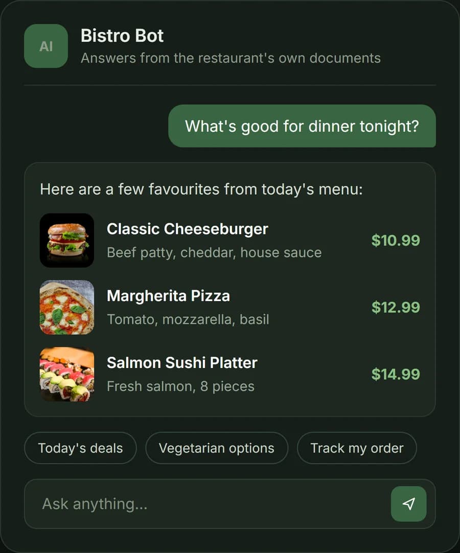 Bistro Bot suggesting dishes from today's menu