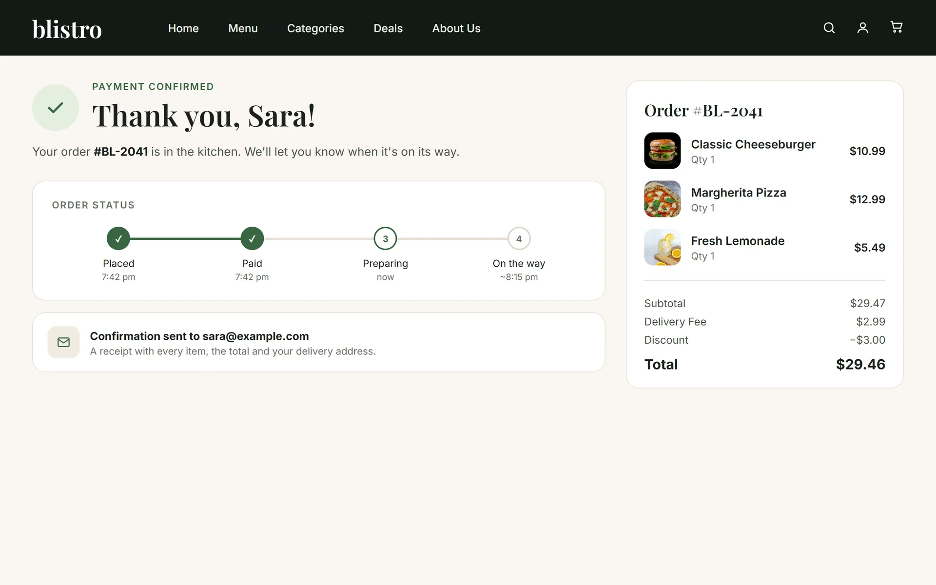 Order confirmed, with its status and the confirmation email