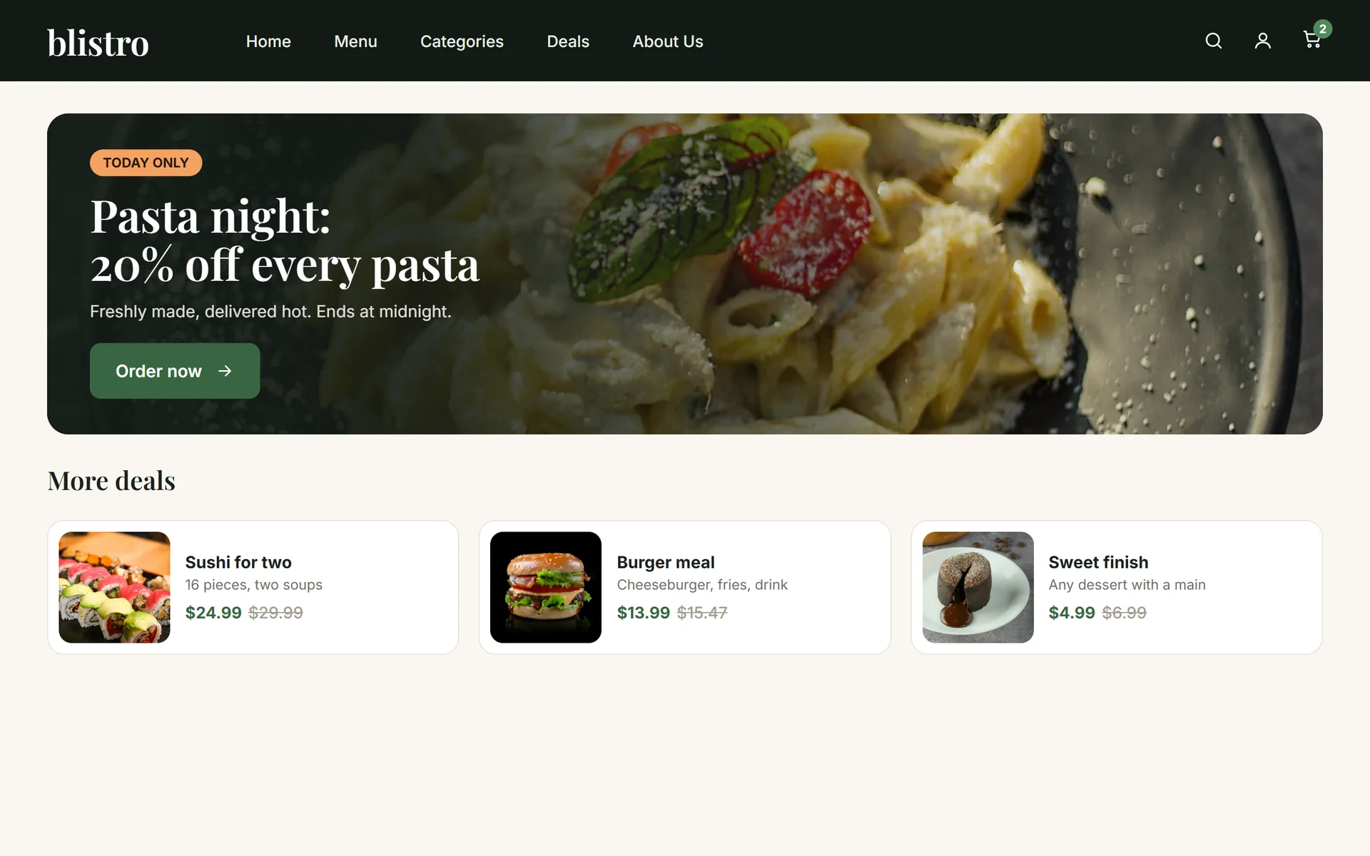 Blistro's deals page: pasta night and more
