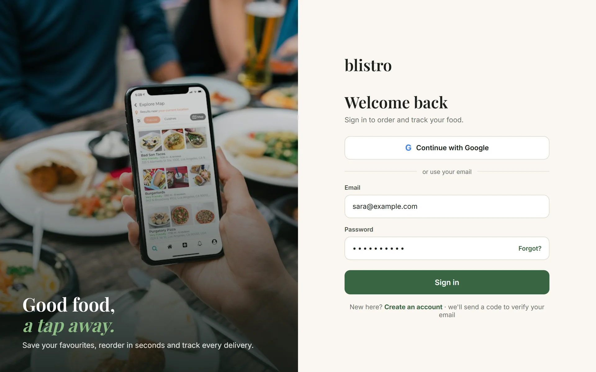 The sign-in page with Google and email