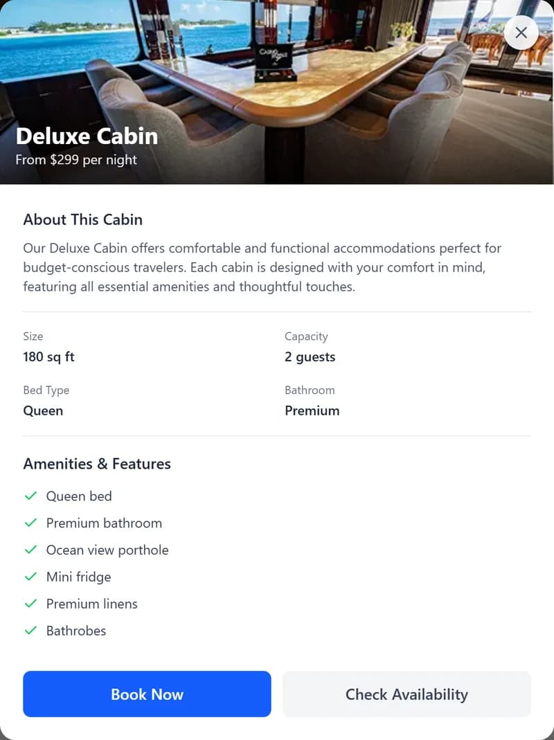 The Deluxe Cabin details pop-up
