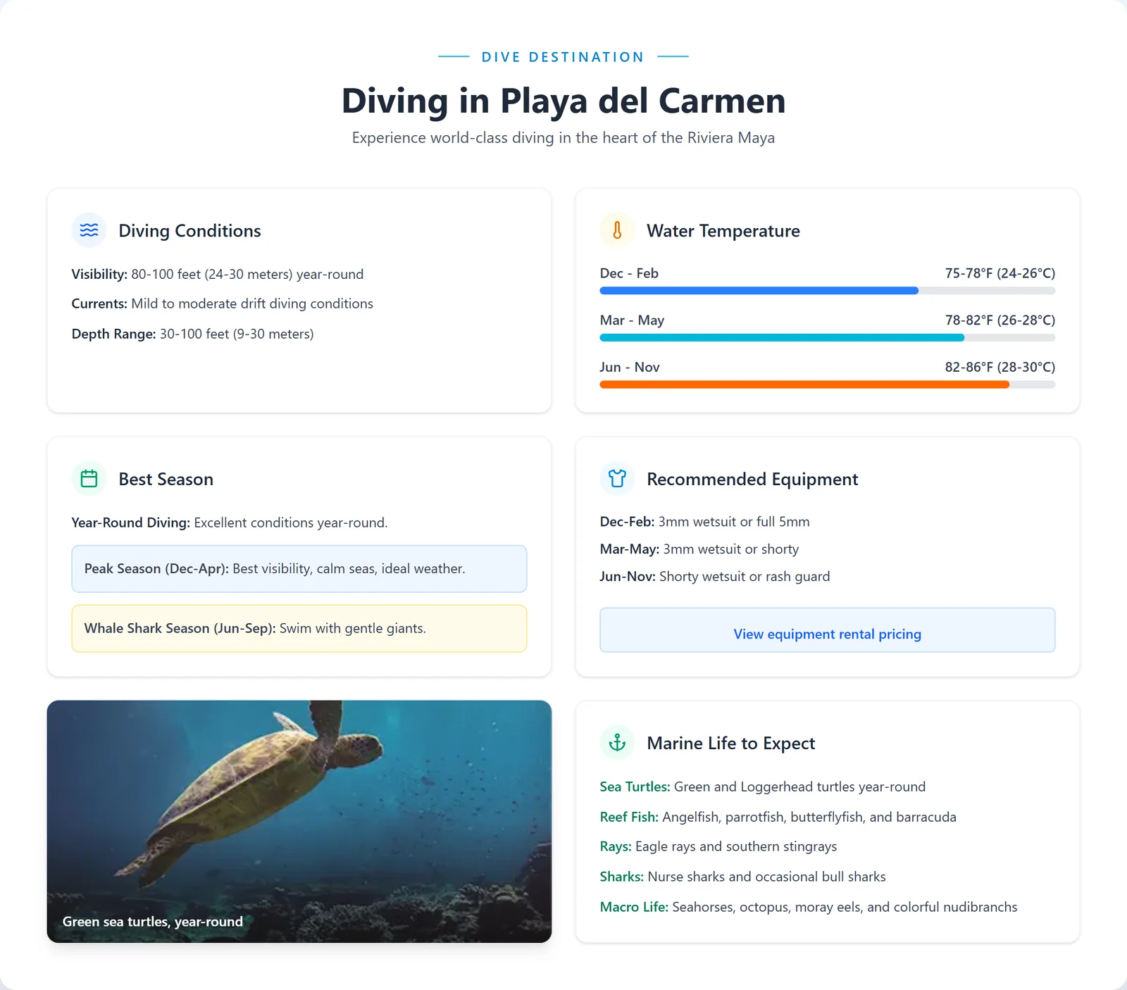 Diving conditions, temperatures, best season and marine life