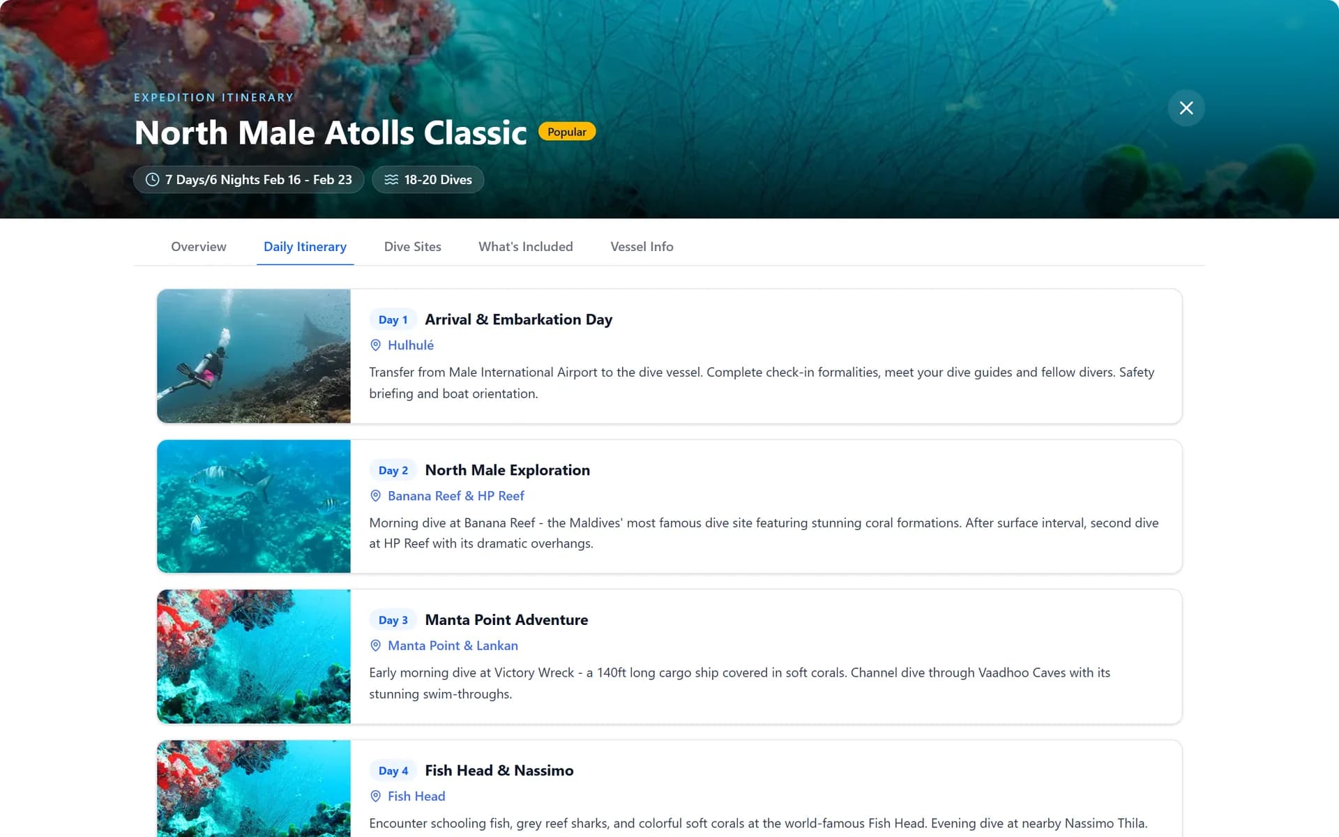 The daily itinerary for North Male Atolls Classic