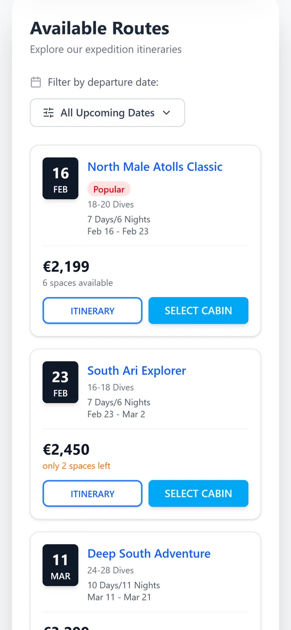 The routes as cards on a phone