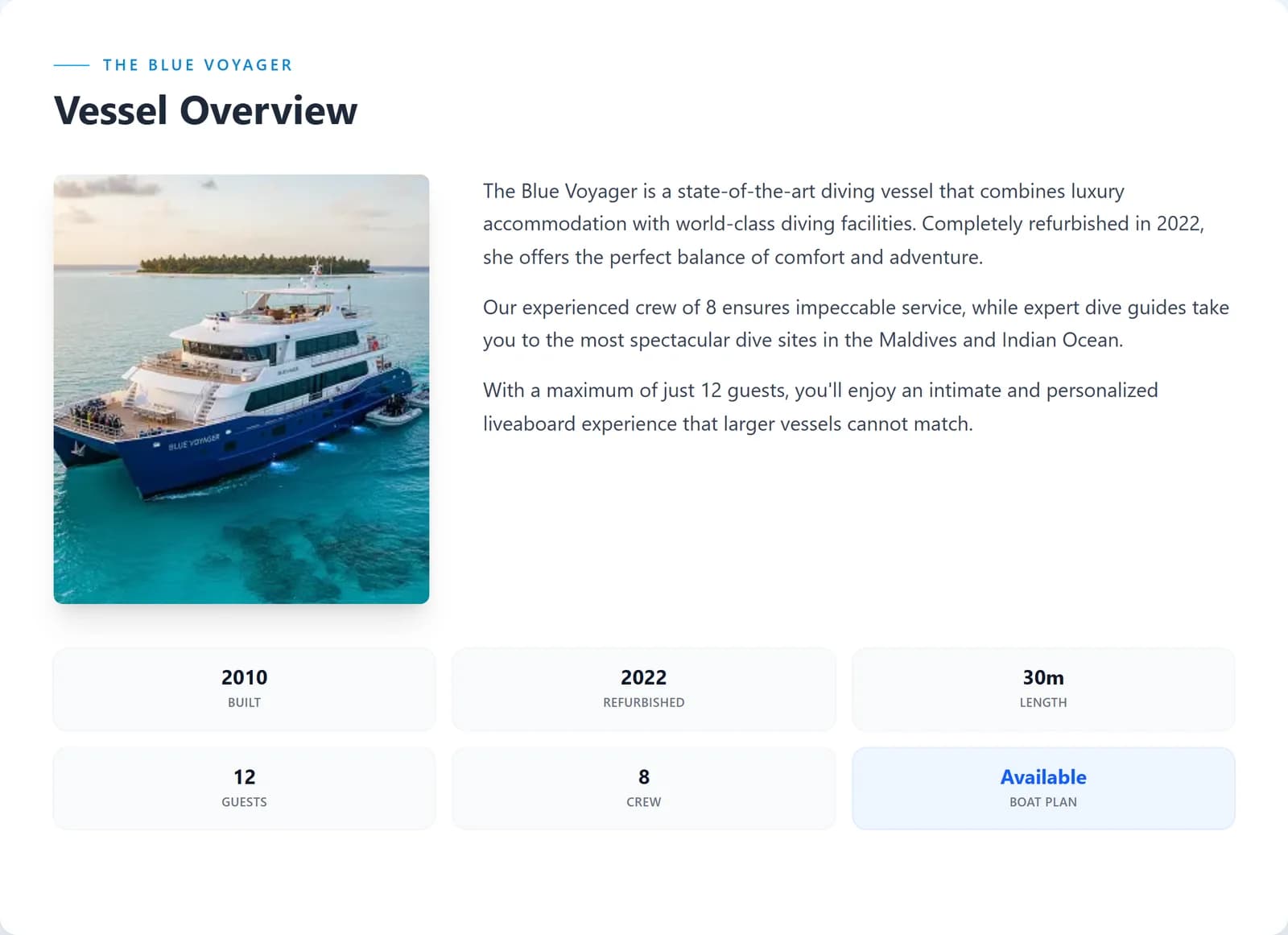 Vessel overview: built, refurbished, length, guests and crew