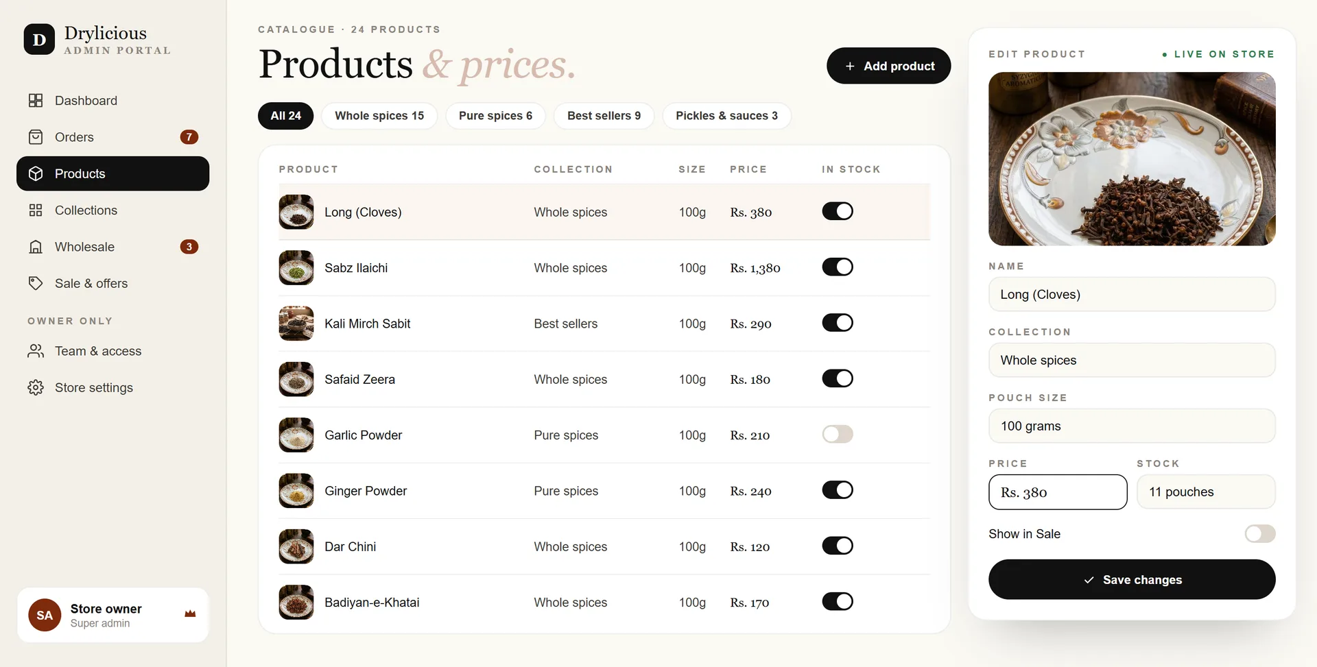 Products and prices