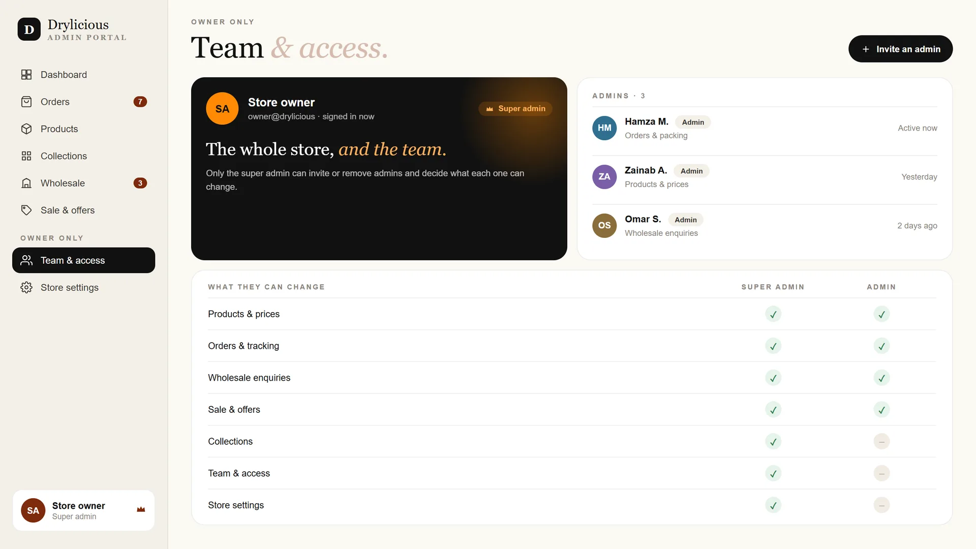 Team and access, for the super admin only