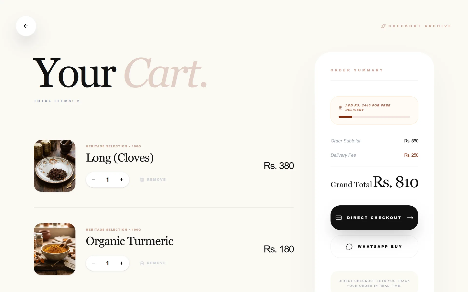 The basket with two spices, the order summary and both ways to pay