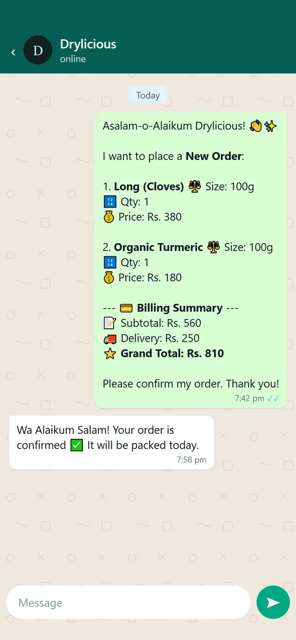 The WhatsApp chat with the order already written out