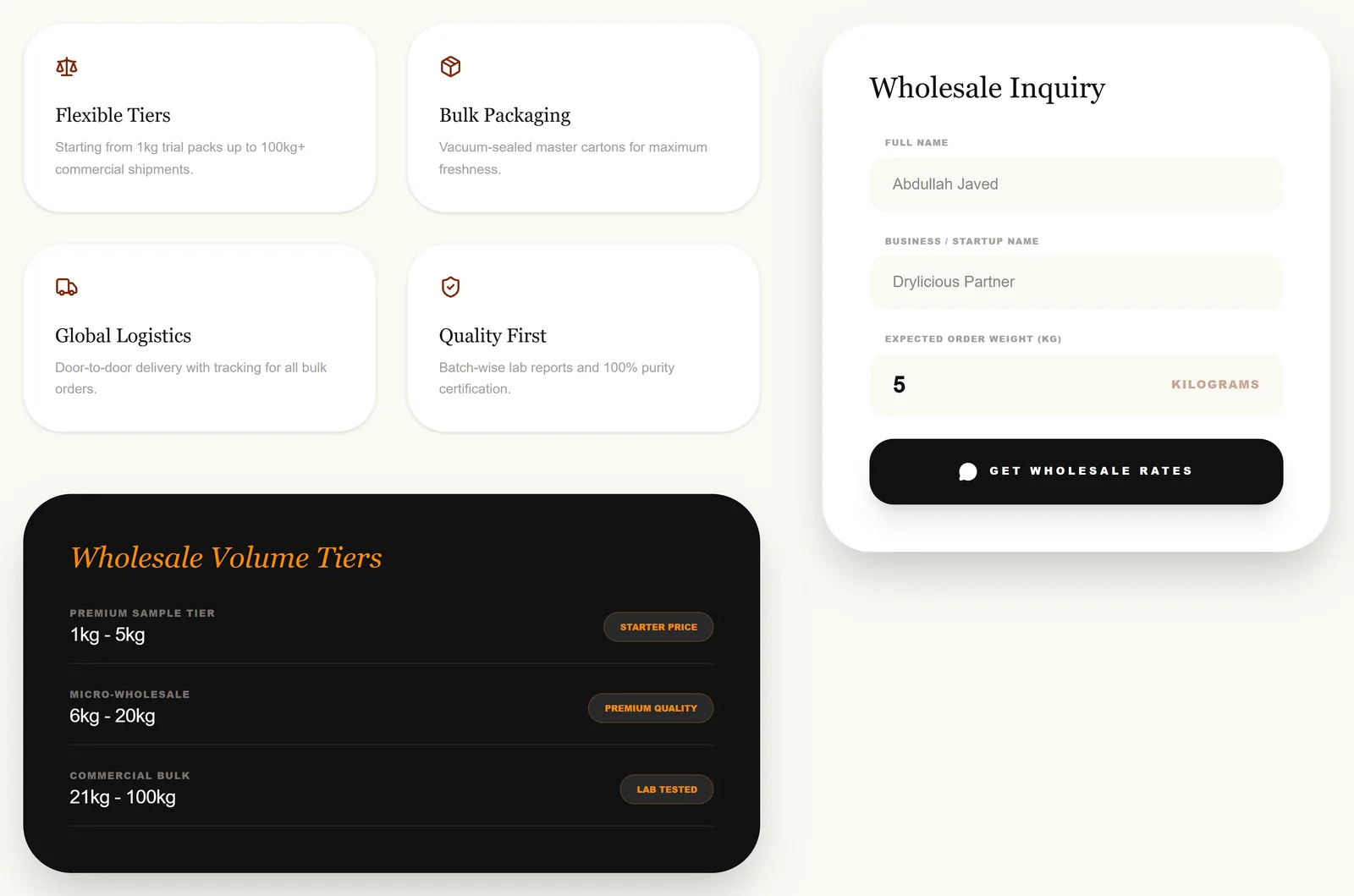Wholesale volume tiers and the enquiry form