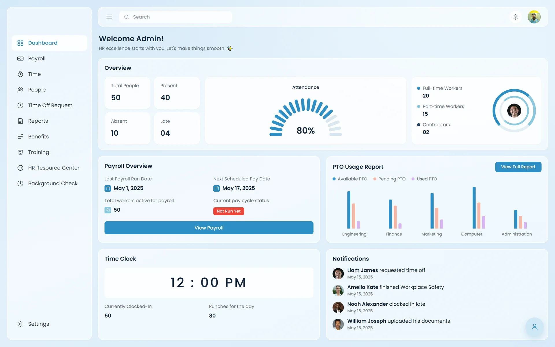 The Teache admin dashboard: people, attendance, payroll and PTO at a glance