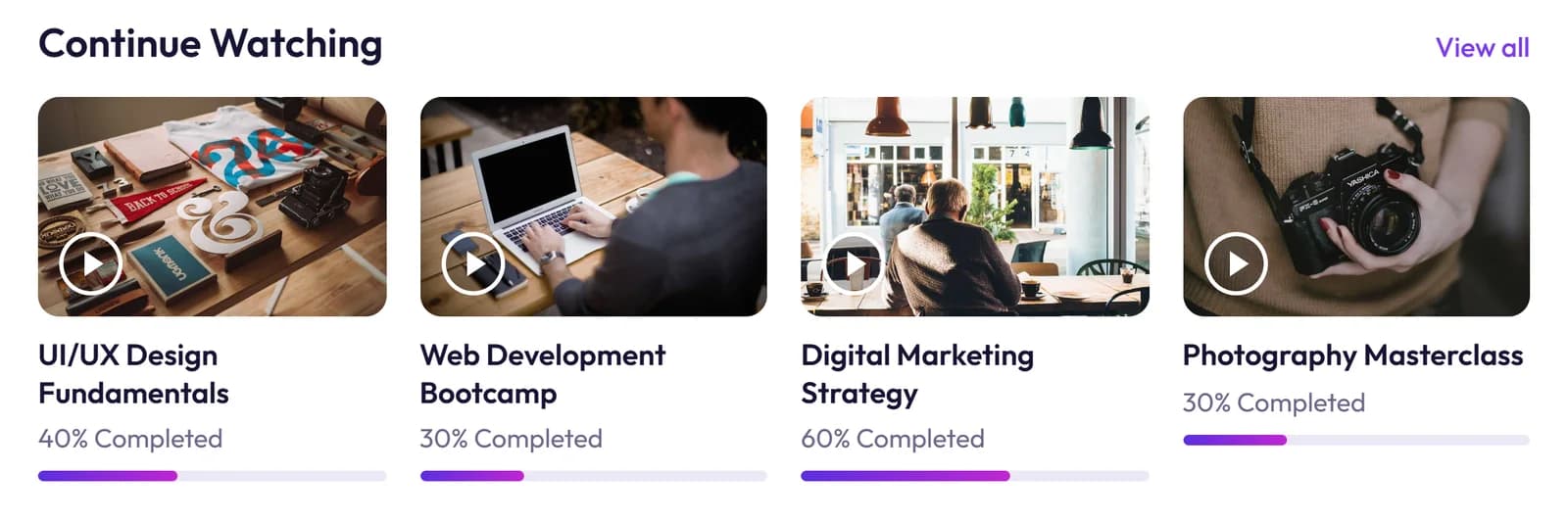 Continue Watching, with how much of each course is done