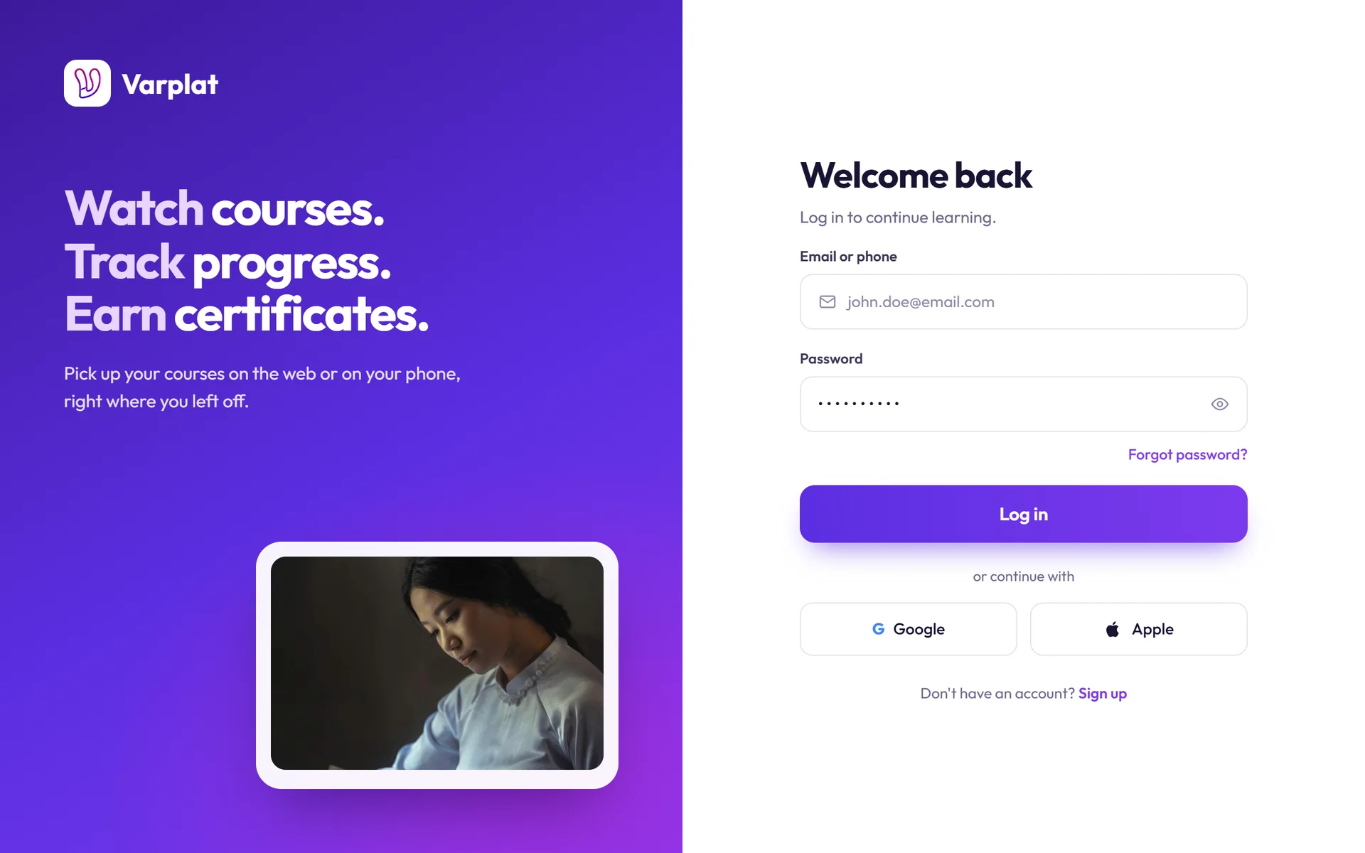 The split-screen login on the web